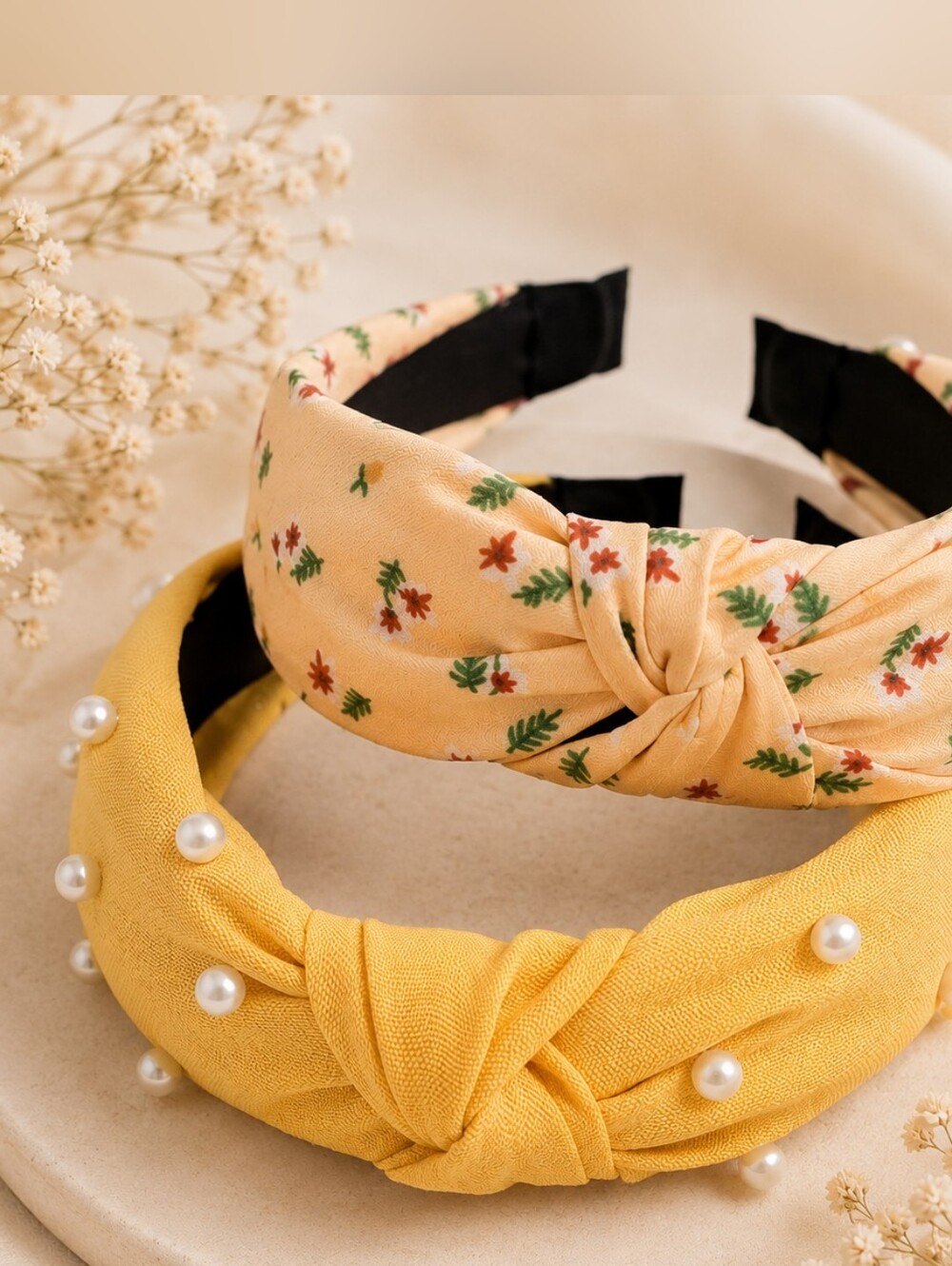 Butter Yellow and Floral and Pearl Knotted Headband Set New